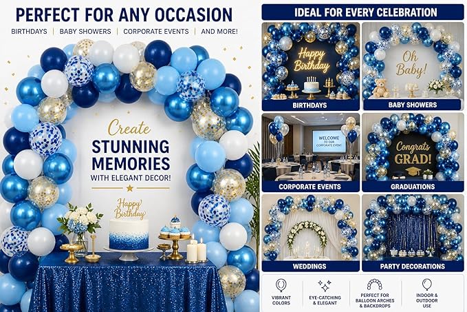 Metallic Blue Balloons 12 Inch – 60 Pack Blue & Gold Balloon Kit with Confetti, Light Blue, Dark Blue & Chrome Blue for Corporate Event Decor, Birthday, Baby Shower & Party Decorations