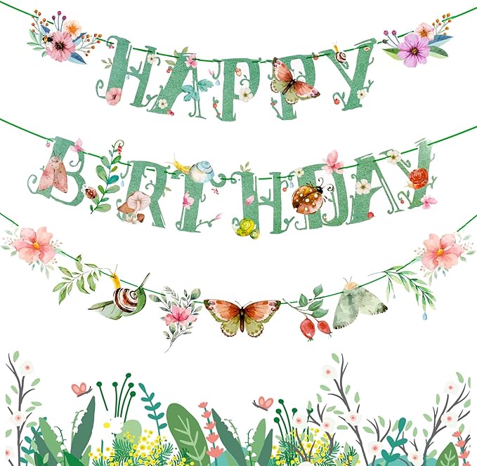SUNBEAUTY Wildflower Happy Birthday Banner Sage Green Floral Flower Party Decorations Butterfly Flower Banner Summer Spring Butterfly Birthday for Women Girl Baby Shower Garden Tea Party Supplies | Pre-Strung