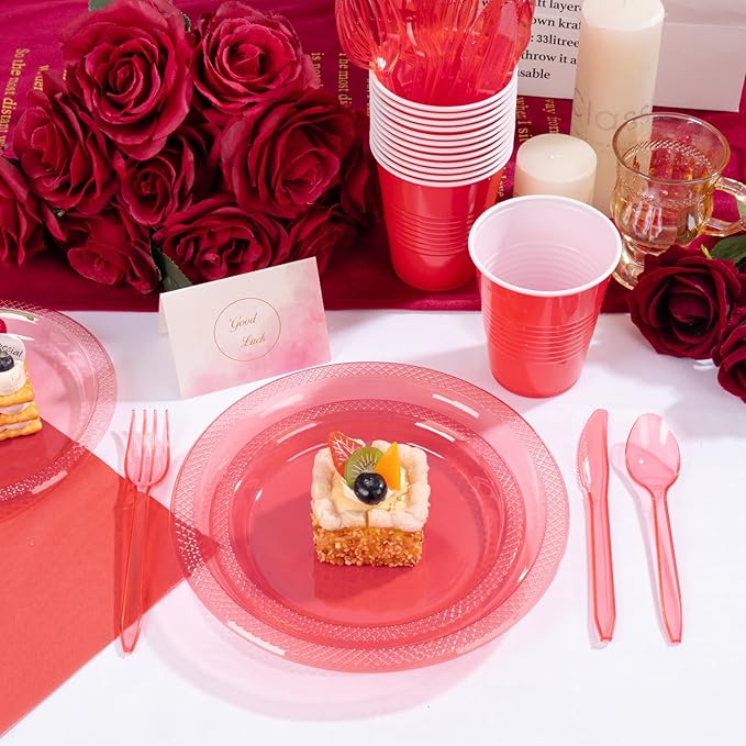 WELLIFE 210 PCS Clear and Red Plastic Plates for 30 Guests - Disposable Dinnerware Set Including Dinner Plates, Dessert Plates, 12oz Cups, Cutlery & Napkins, Red Party Plates for Valentines