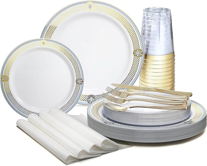 " OCCASIONS " 640pcs set (80 Guests)-Wedding Party Disposable Plastic Plate Set -80 x 10.25'' + 80 x 7.5'' + Silverware + Cups + Napkins (Royal in White/Blue & Gold)