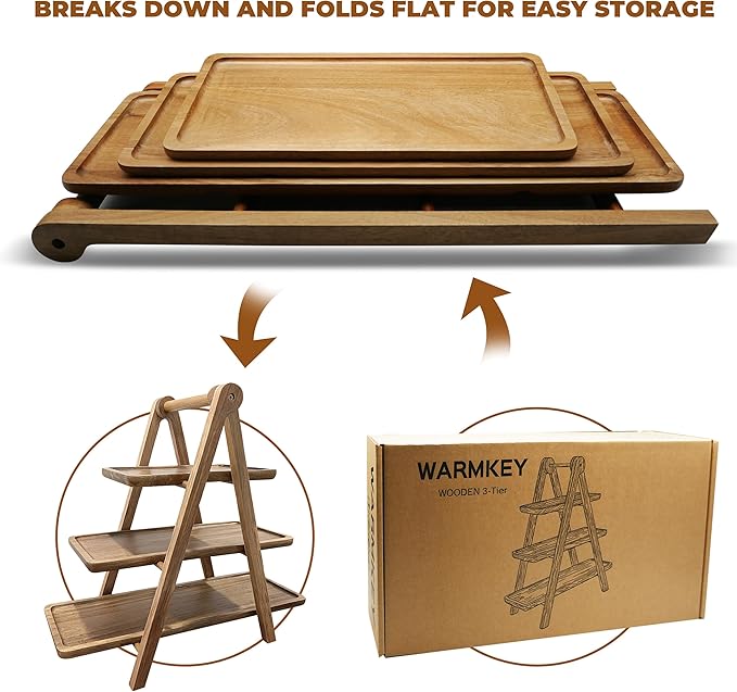 Acacia Wood 3 Tier Foldable Serving Tray – Rectangular Farmhouse Stand for Charcuterie Board, Cupcake, Dessert, Party Wedding Decor, Small Flower Pot Display, Easy Storage