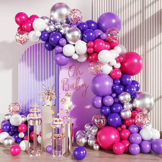 MEBAY Hot Pink Purple Silver White Baloon Garland Arch Kit, 147Pcs Latex Balloons Different Sizes 18 12 10 5 inch for Women Girls Wedding Birthday Baby Shower Party Decorations