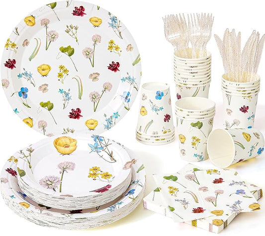 144Pcs Spring Wildflower Party Supplies Birthday Decorations Paper Plates Napkins Vintage Puppy Party Tableware Disposable Dinnerware Set for Baby In Bloom Baby Shower Decoration Decor, Serve 24
