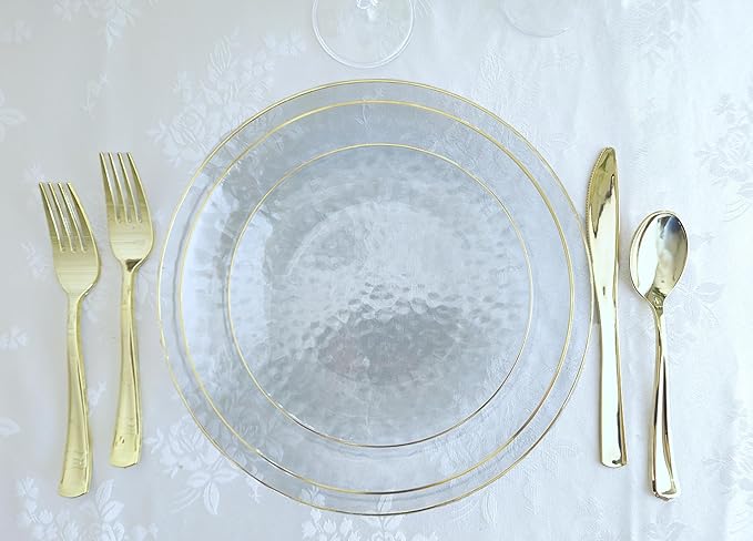 " OCCASIONS " 100 Plates Pack (50 Guests) Wedding Party Disposable Plastic Plate Set -50 x 10'' Dinner + 50 x 7'' Salad/dessert plates (Coastal Clear & Gold)
