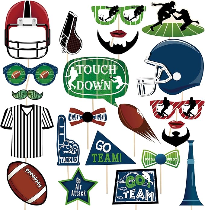 25 Pcs Football Photo Booth Props,Game Day Football Touchdown Party Supplies,Sport Theme Tailgate Cutouts,Bowl Party Decorations,Sport Birthday Party Decor,Rugby Cutouts