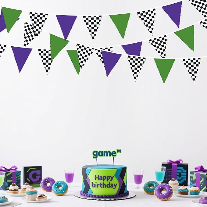 32Ft Monster Truck Party Decorations Purple Green and Black White Checkered Race Car Triangle Flag Pennant Banner Fabric Garland Streamer for Kids Racing Birthday NASCAR Party Baby Shower Decor