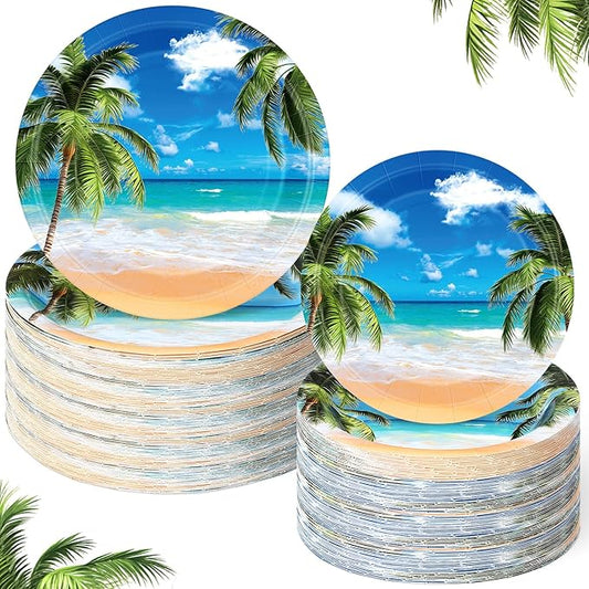 Maxdot 100 Pack Summer Tropical Beach Theme Paper Plates Luau Sea Ocean Palm Leaf 9" & 7" Disposable Dessert Plates Hawaiian Tropical Tableware for Summer Birthday Beach Themed Party Supplies