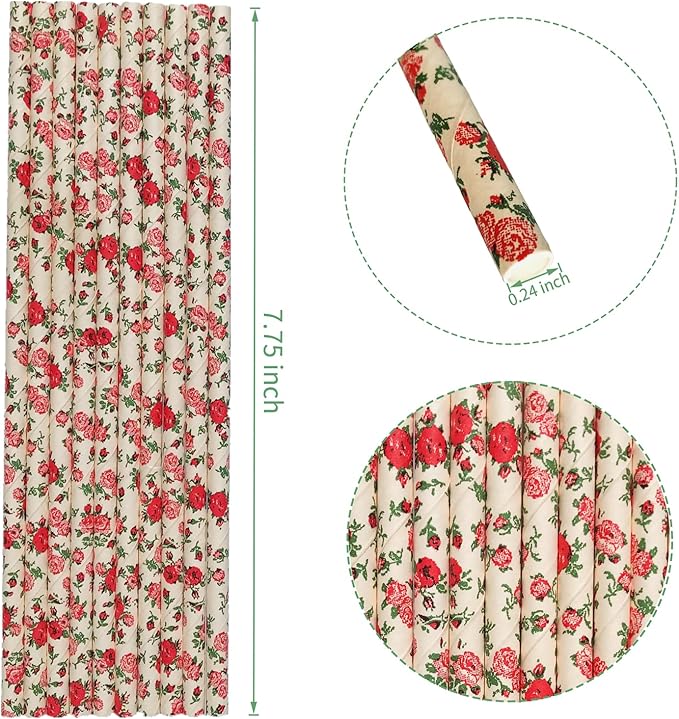 100 Pcs Light Pink With Red Rose Flower Paper Straws, Vintage Green Leaf Floral Drinking Straws, Retro Garden Tea Party Wedding Valentine Spring Celebrations Events Cake Pop Sticks (Flower H001)