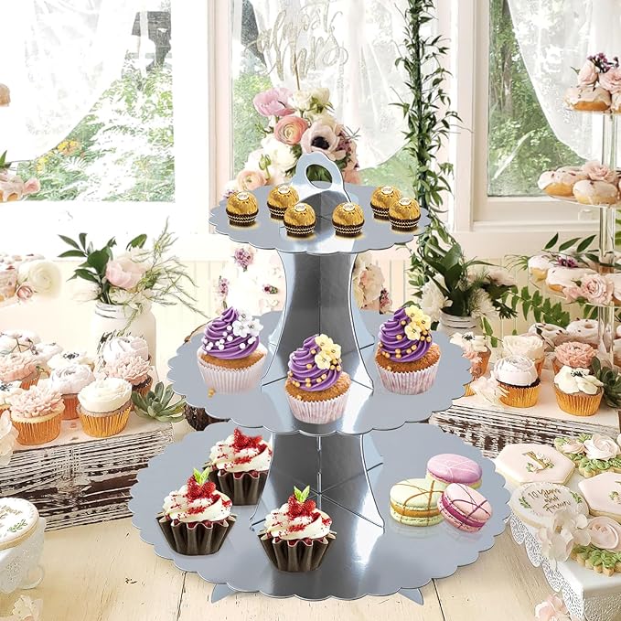 Soleebee 3-Tier Cupcake Stand, Cardboard Cupcake Tower, Dessert Cup Cake Stand Tower for Birthday Wedding Party Decoration, Cupcake Tier Stand 1 Set (Silver)