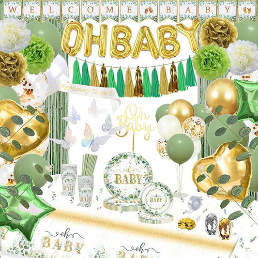 223Pcs Sage Green Baby Shower Decorations,"OH BABY" Banner, Balloon, Sash, Cake Topper for 25 Guests,Neutral Baby Shower Decor Supplies- Disposable Dinnerware Set With Eucalyptus Leaf