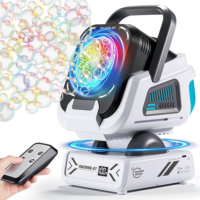 Belemar Upgraded Bubble Machine with Remote Control, Automatic Rotation & RGB Lights, 1800mAh Rechargeable Battery, Type-C Charge, Bubble Maker for Kids, Weddings, Birthday Parties, Outdoor Activities