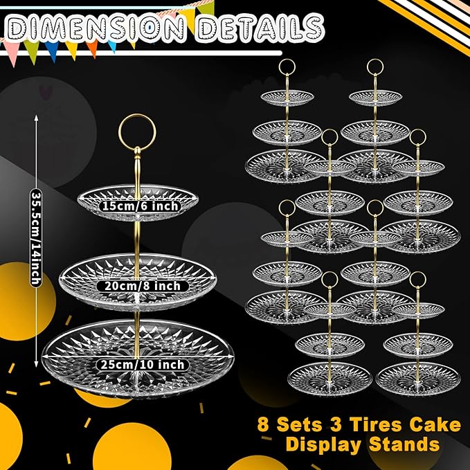 Patelai 8 Packs 3 Tier Crystal Acrylic Clear Cake Stand with Gold Round Holder Acrylic Cupcake Stand Holder for Home Wedding Holiday Birthday Baby Shower Tea Party (Clear)