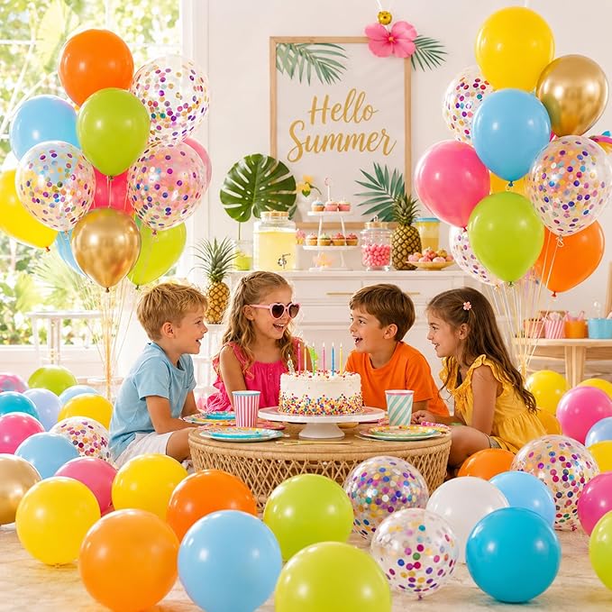 Tropical Balloons, 60Pcs Summer Balloon Hot Pink Orange Teal Blue Yellow Green Gold Colorful Balloons with Rainbow Confetti Balloon for Hawaiian Aloha Luau Pool Birthday Beach Party Decorations