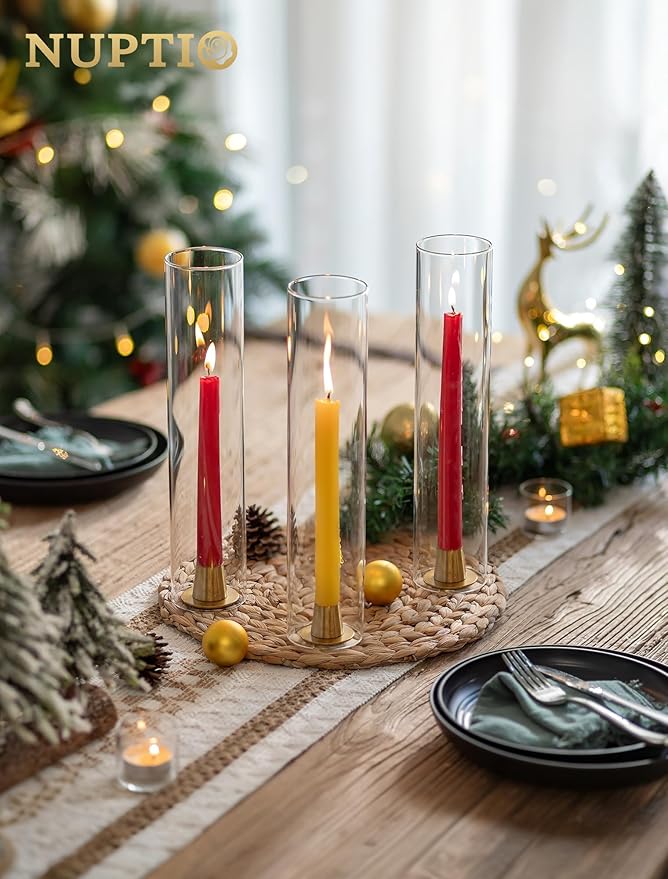 NUPTIO Candle Stick Candle Holder: Set of 4 Gold Candlestick Taper Holders - Brass Small Metal Candleholder for Fall Thanksgiving Christmas Fireplace Table Centerpiece