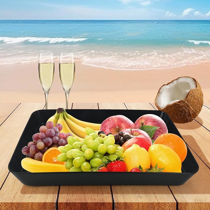 4 pcs 16" x 11" Large Serving Trays for Party Supplies, Plastic Platters for Serving Food, Unbreakable Reusable Trays for Snack, Fruit, Cookies, Desserts in Kitchen, BPA Free, Black