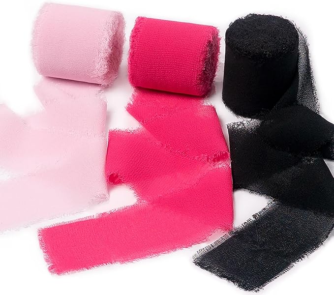 Chiffon Ribbon, Pink Black 1.5''x21Yd Frayed Fringe Halloween Ribbons for Gift Wrapping, Handmade Ribbon for Floral Vase, Mother's Day, Cartoon Party, Wedding, Birthday, Engagement, 3 Rolls