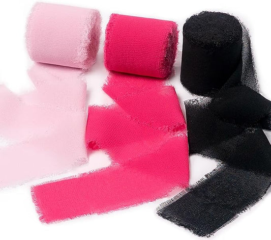 Chiffon Ribbon, Pink Black 1.5''x21Yd Frayed Fringe Halloween Ribbons for Gift Wrapping, Handmade Ribbon for Floral Vase, Mother's Day, Cartoon Party, Wedding, Birthday, Engagement, 3 Rolls