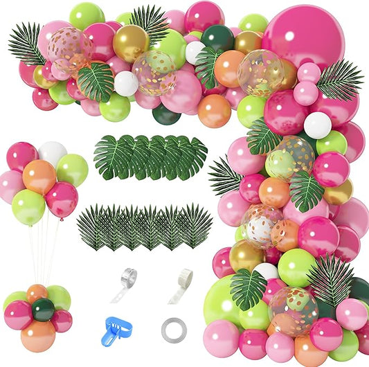 146Pcs Tropical Balloons Garland Arch Kit, Hawaiian Luau Tropical Aloha Flamingo Party Decorations Hot Pink Fruit Green Rose Gold Confetti Balloons Palm Leaves Birthday Baby Shower Wedding Supplies