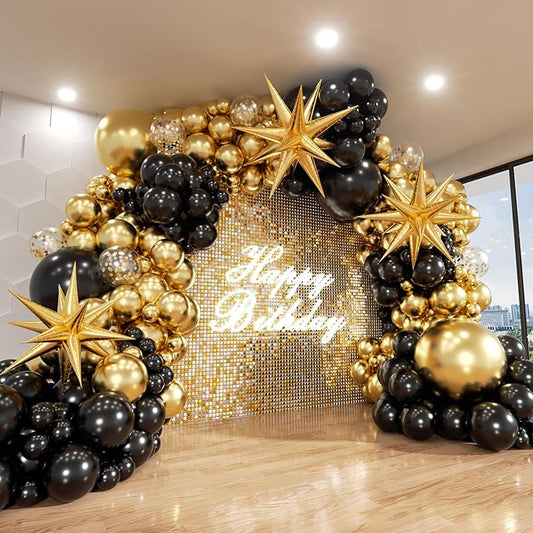 Black and Gold Balloon Arch Kit, 140Pcs Explosion Star Black and Metallic Gold Balloons 22 18 12 10 5 Inch Different Size Balloons for Birthday Anniversary Graduation New Year Decorations