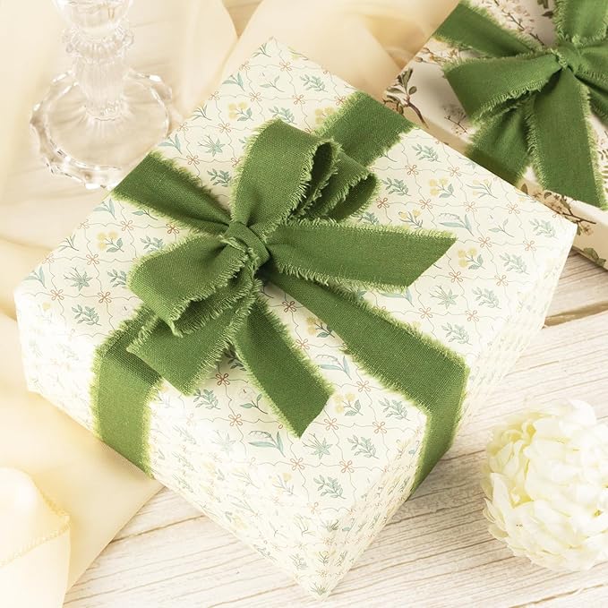 Moss Green Cotton Ribbon 1 Inch Moss Green 3 Rolls 21 Yards Frayed Edge Fabric Set for Rustic Wedding Decor, Bridal Bouquet Wrap, Woodland Theme Party, Baby Shower & Wreath Making