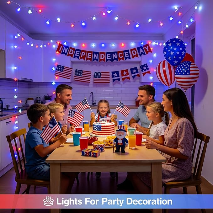 JMEXSUSS Red White and Blue Lights Plug in, 100 LED 33 FT Globe Star String Lights Indoor, USB 4th of July String Lights for Independence Day Patriotic Decoration