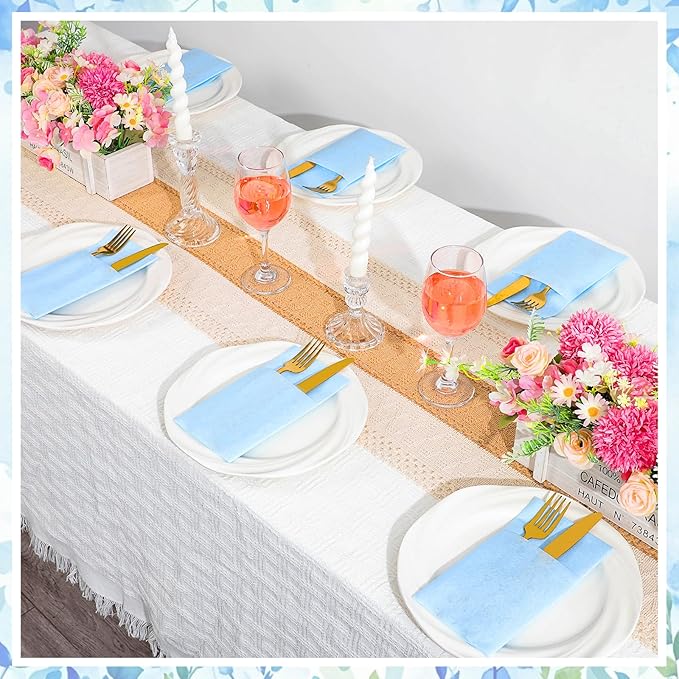 60 Pcs Light Blue Linen-Feel Paper Napkins with Built-in Flatware Pocket, Pocket Linen Napkins Prefolded Cloth Like Paper Napkins Bulk for Silverware Easter Wedding Baby Shower Birthday Bridal Party