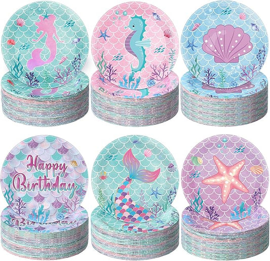 Funnymoom 60 Pcs Mermaid Birthday Party Decor 7 Inch Mermaids Dessert Paper Plates Under the Sea Disposable Dinner Cake Plates Princess Shell Dinnerware for Ocean Baby Shower Party Supplies