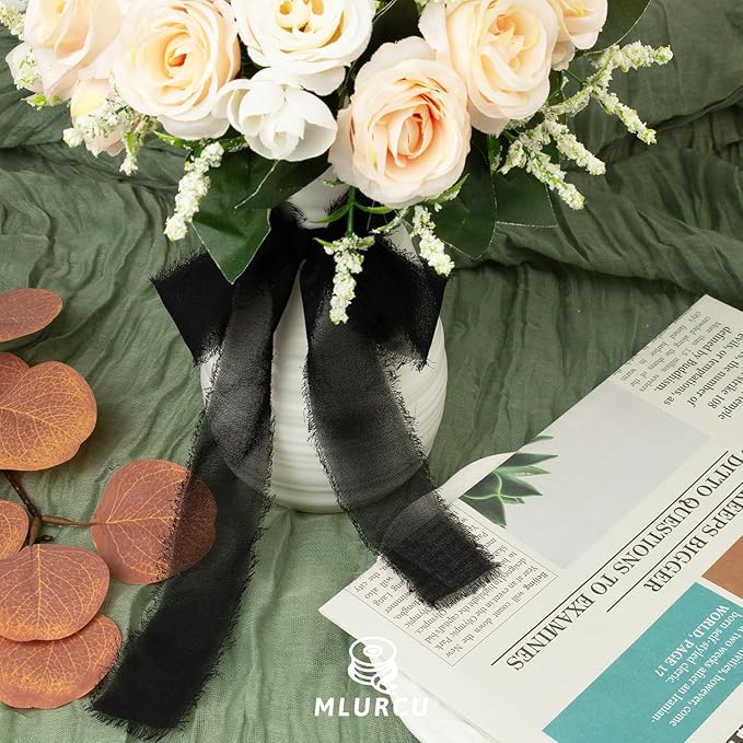 Black Chiffon Ribbon 1-1/2 Inch x 21Yards Handmade Fringe Chiffon Silk Ribbon Boho Frayed Ribbon Black Ribbon for Wedding Invitation, Bridal Flower Bouquets, Floral Arrangement, Gift Wrapping
