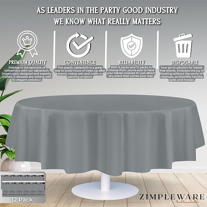 ZIMPLEWARE Premium Silver Plastic Table Cloth Disposable (12 Pack) Round Tablecloth (84in) Party Table Cloths Disposable, Perfect Table Cloth Round Cover for Any Table Up to 6 Feet
