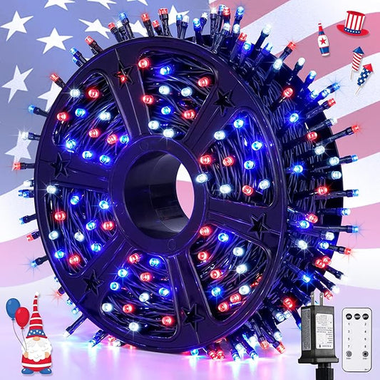 JMEXSUSS 500 LED Red White and Blue Lights 4th of July Decorations, 173ft 8 Modes 4th of July Lights Outdoor, Waterproof Patriotic String Light Plug in for Memorial Day Independence Day Decor