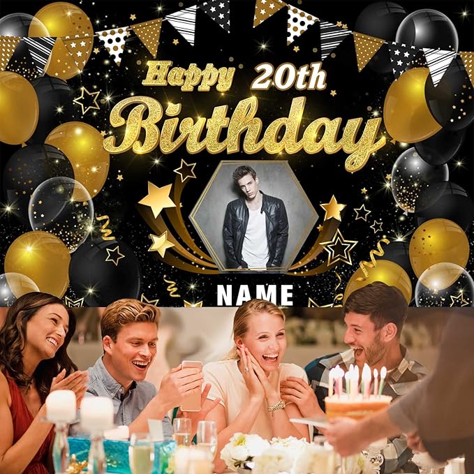 Custom Black and Gold Happy Birthday Backdrop Banner Personalization Black and Gold Sign Poster Large Fabric Glitter Balloon Fireworks Sign Birthday Photo Backdrop Backgroud