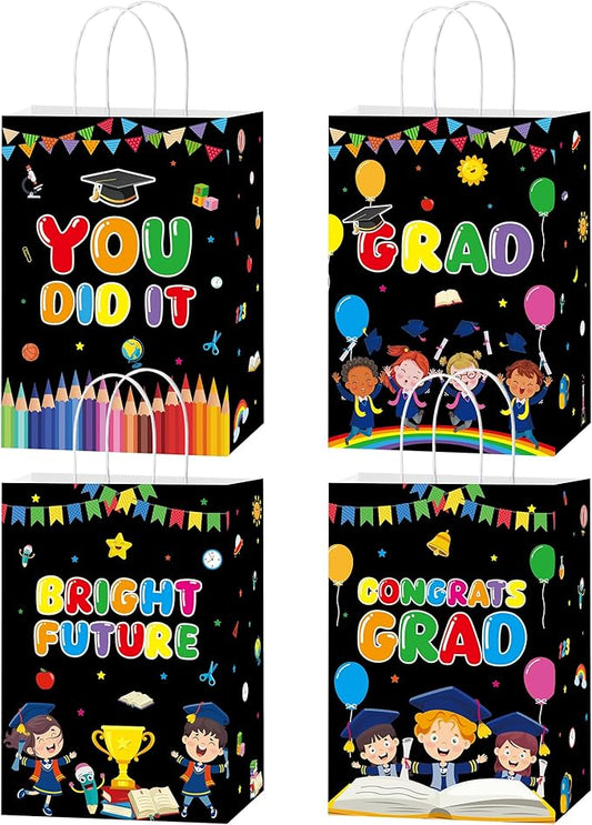 MOIZYNG 16PCS Kindergarten Preschool Graduation Gift Bags, Black Congrats Grad You Did It Paper Snack Treat Candy Goodie Bags with Handles for Boys Girls Kids Graduation Party Favors