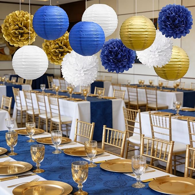 BEISHIDA Blue Gold Tissue Hanging Paper Flowers Lanterns Party Decorations Set for Birthday Graduation Baby Shower Bridal Bachelorette Wedding Photo Booth Backdrops Party Supplies(18 Packs)