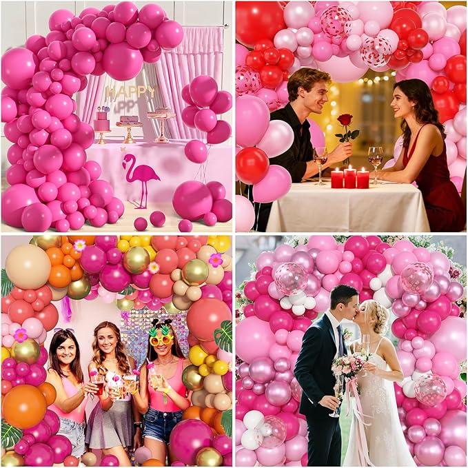 Amandir 153 Pcs Pink Balloon Arch Garland Kit, Different Sizes 18 12 10 5 inch Latex Metallic Confetti Hot Pink Balloons for Mothers Day Baby Shower Birthday Princess Wedding Party Decorations