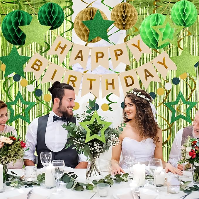 ZERODECO Birthday Decorations, Happy Birthday Banner with Paper Honeycomb, Star Hanging Swirl, Fringe Curtain, Garland, Party Decorations for Women Men Boys Girls (Retro Green)