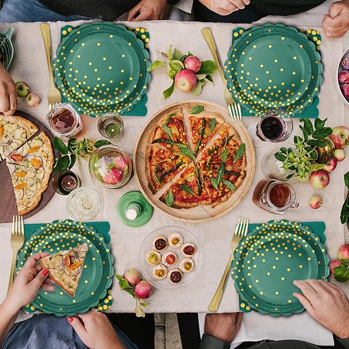 105PCS Green Plates and Napkins Party Supplies, Green and Gold Birthday Party Decorations, 7??Dessert Paper Plates for Wedding Baby Shower Graduation Decorations, Serves 35