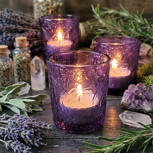 6 Pack Hummingbird Embossed Glass Candle Holders – Votive Tealight Holders with Patent Design, Decorative Embossed Glass Cups for Wedding Centerpieces, Parties, and Home Décor (Amethyst Bloom)