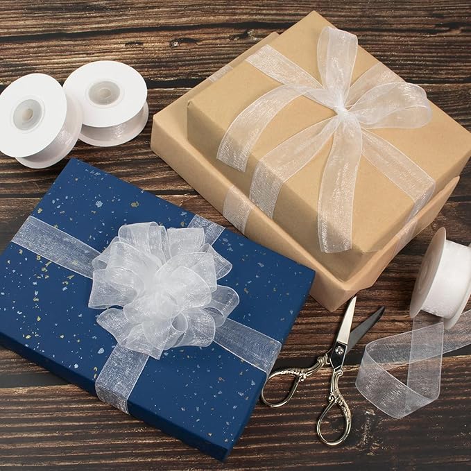White Organza Ribbon - 1 Inch x 75 Yds Clear White Chiffon Tulle for Gift Wrapping, Christmas, Weddings & Crafts