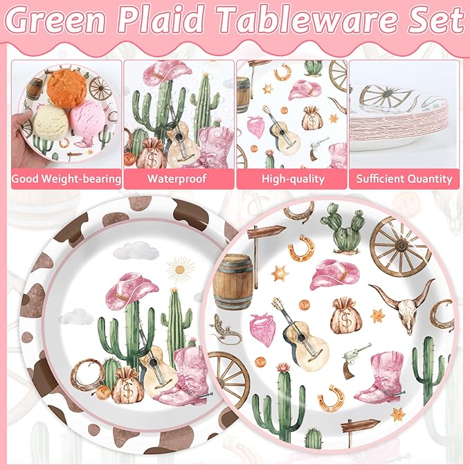 Naozinebi 50pcs Western Cowgirl Party Paper Plates Cowgirl Party Decorations for Girls Pink Western Theme Dessert Plates Wild West Cow Print Tableware Decor for Baby Shower Rodeo Birthday Serves 50