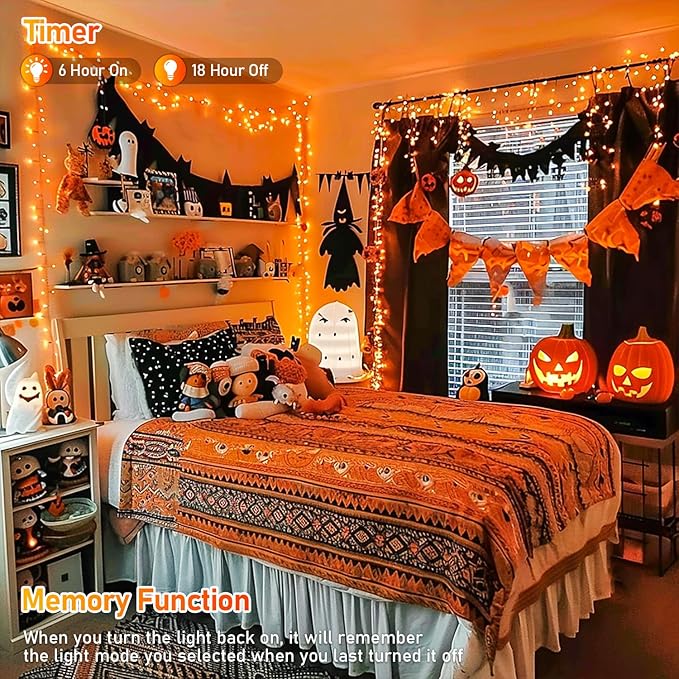 JMEXSUSS 150 LED Orange Halloween Lights Indoor Outdoor, Connectable Christmas String Lights Indoor Plug in, 8 Modes Orange Lights for Halloween Fireplace Tree Bedroom Party Decor