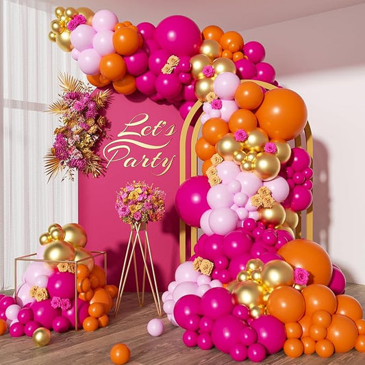 203pcs Pink Orange Balloon Garland Arch Kit, Hot Pink Orange Metallic Gold Latex Balloons for Tropical Engagement Bridal Shower Bachelorette Birthday Party Balloons Decorations