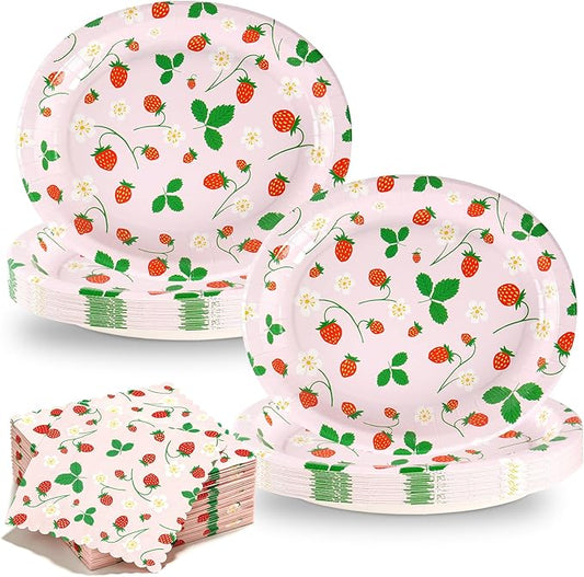 OuMuaMua 100Pcs Strawberry Oval Paper Plates and Napkins Set Heavy Duty, 12" Large Disposable Strawberry Party Decoration Pink Tableware for Birthday Summer Fruit Baby Shower Wedding