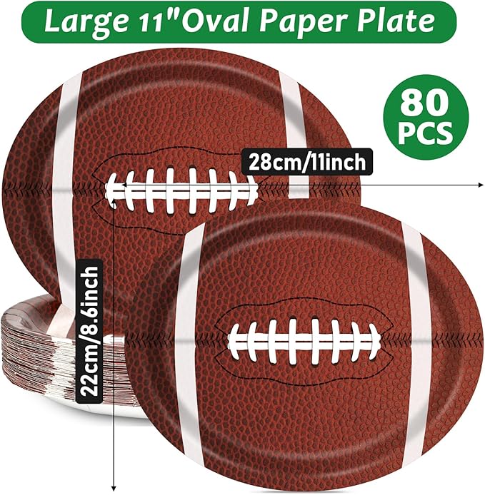 80 PCS Football Oval Paper Plates Large 11” Disposable American Rugby Sport Platters, Touch Down Boy Birthday Theme Party Heavy Duty Dish Tray for BBQ Gathering Picnic Carnival Dinner Party Tableware