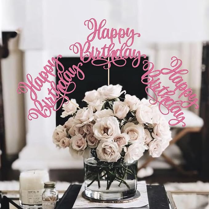 12 PCS Happy Birthday Centerpiece Sticks Double Sided Glitter Birthday Party Table Flower Centerpieces Anniversary Floral Decorations for Celebrating Birthday Party Centerpieces Supplies Pink