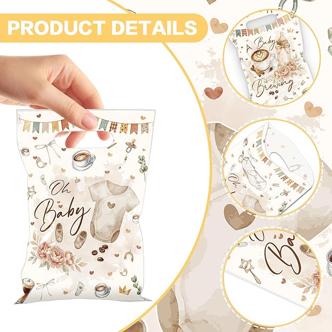 MOIZYNG A Baby is Brewing Baby Shower Decorations, 50Pcs Coffee Themed Baby Shower Plastic Snack Treat Goodie Gift Bags with Handles for Welcome Baby Gender Reveal Decor Supplies