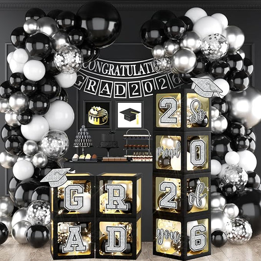 Graduation Decorations Class of 2026,Black and Silver Graduation Decorations 2026,Grad Boxes with Letters 2026 So Proud of You & Grad 2026 for College Graduation Party Supplies