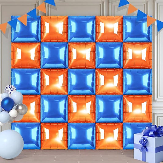 Orange and Blue Square Foil Balloons 25 Pcs Metallic Orange and Blue Balloons Wall Backdrop for New Year Graduation Birthday Bridal Shower Party Arch Backdrop Decorations