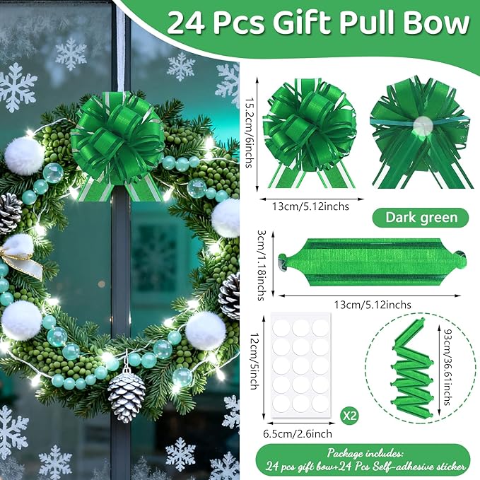 24pcs Green Pull Bow for Gift Basket Wrapping Xmas Gift Bows Adhesive Presents Wrap Ribbon Bow for Christmas Tree Ornament Wine Bottles Bouquet Flower Valentine's Day Party Decor (Green-G)