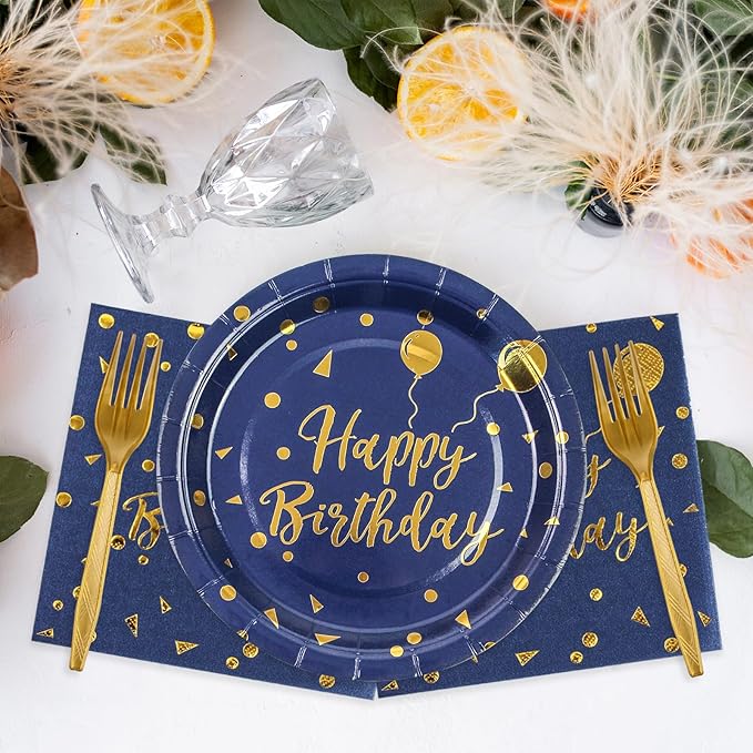 48PCS Happy Birthday Plates and Napkins Party Supplies, Blue and Gold Disposable Paper Plates and Napkins with Forks Tableware Set for Birthday Party Decorations 16 Guests