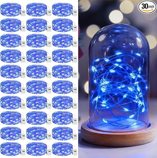 litogo 30 Pack 7FT 20 LED Fairy Lights Battery Operated, 3 Lighting Modes, Bulk Mini Twinkle String Lights Waterproof Silver Wire for Weddings Mason Jars Party Christmas Decorations-Blue